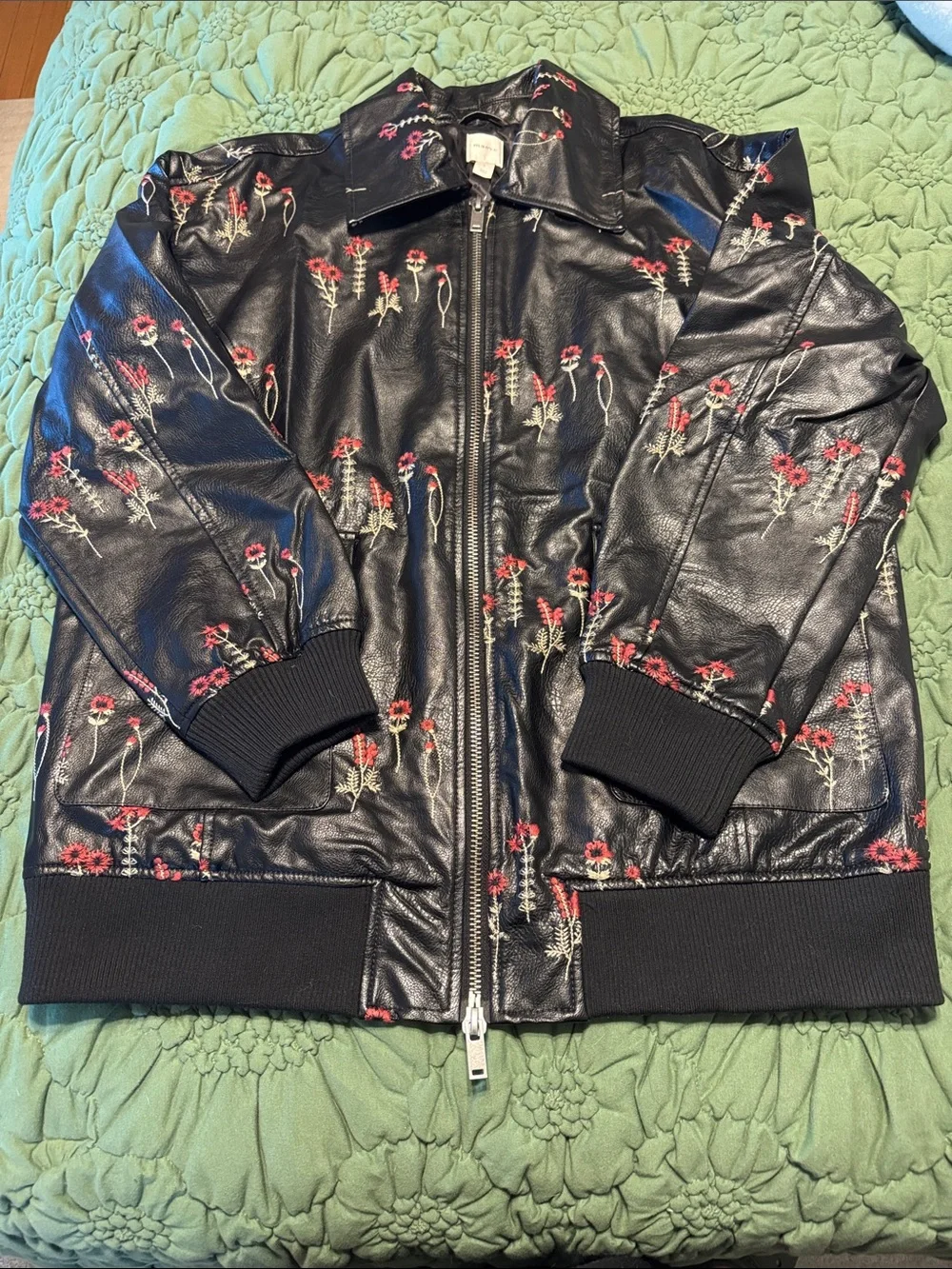 ✨ Anthropologie Faux Leather Floral-Embroidered Bomber Jacket Sz L